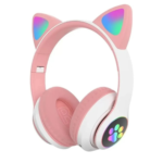 Casti Wireless Copii, Urechi de Pisica, Stereo, Lumini RGB, Microfon, Bluetooth 5.0, Slot SD, Roz