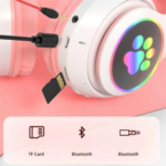 Casti Wireless Copii, Urechi de Pisica, Stereo, Lumini RGB, Microfon, Bluetooth 5.0, Slot SD, Roz - imagine 3