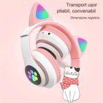 Casti Wireless Copii, Urechi de Pisica, Stereo, Lumini RGB, Microfon, Bluetooth 5.0, Slot SD, Roz - imagine 2