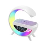 Încărcător Rapid Wireless 15W 4 în 1 WaltStore cu Ceas, Speaker, Lampă Smart LED RGB cu 7 Culori, Radio, Alb