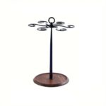 Suport Metalic pentru 6 Pahare de Vin cu Bază din Lemn - Design Elegant, Negru cu Maro, 35 cm Înălțime