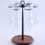 Suport Metalic pentru 6 Pahare de Vin cu Bază din Lemn - Design Elegant, Negru cu Maro, 35 cm Înălțime - imagine 4