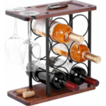 Suport pentru 6 Sticle Vin si 2 Pahare, din Otel si Lemn, 34x16x35 cm, Negru-Maro