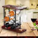 Suport pentru 6 Sticle Vin si 2 Pahare, din Otel si Lemn, 34x16x35 cm, Negru-Maro - imagine 2