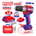 Mașină De Găurit Cu Impact, Cu 2 Acumulatori, 60 Nm, Motor Fără Perii, Compactă – ECiDL20602, EMTOP