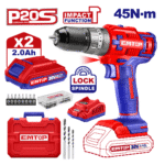 Mașină De Găurit Și Înșurubat Cu Percuție, 2 Acumulatori 2.0 Ah, 45 Nm, 55 Accesorii, 3 Burghie, Cutie De Transport – ECiDL6200128, EMTOP