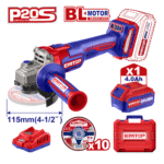 Polizor Unghiular Cu 1 Acumulator 4.0 Ah, Motor Fără Perii, 115 Mm, 10 Discuri Incluse – ELAG211541, EMTOP