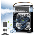 Ventilator Portabil 3 în 1 cu Pulverizare, Umidificare și Iluminare LED în 7 Culori, 3 Trepte Viteză, Rezervor 600ml, Alimentare USB