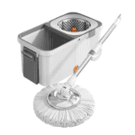 Mop Rotativ 360° cu Găleată Centrifugă din Inox, Cu Roți, Sistem de Evacuare Apă și 4 Lavete din Microfibră Incluse, Alb/Gri - imagine 2