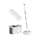 Mop Rotativ 360° cu Găleată Centrifugă din Inox, Cu Roți, Sistem de Evacuare Apă și 4 Lavete din Microfibră Incluse, Alb/Gri