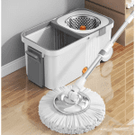 Mop Rotativ 360° cu Găleată Centrifugă din Inox, Cu Roți, Sistem de Evacuare Apă și 4 Lavete din Microfibră Incluse, Alb/Gri - imagine 9