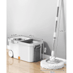 Mop Rotativ 360° cu Găleată Centrifugă din Inox, Cu Roți, Sistem de Evacuare Apă și 4 Lavete din Microfibră Incluse, Alb/Gri - imagine 8
