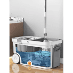 Mop Rotativ 360° cu Găleată Centrifugă din Inox, Cu Roți, Sistem de Evacuare Apă și 4 Lavete din Microfibră Incluse, Alb/Gri - imagine 7