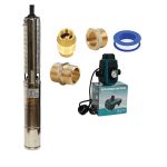 Kit pompa submersibilă de adâncime DDT 4SP5/8 – 1.5 kW, 2 CP, 7 m³/h, 8 turbine inox cu panou de control, rezistenta la nisip + Presostat electronic inteligent digital reglabil DDT + accesorii