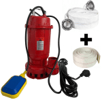 Pachet promo Pompa apa murdara din fonta DDT rosie WQD10 cu plutitor, 1100 W, 15 m³/h + Furtunul de pompier 2'' 20 m, 8 bari, cu cuple + Furtunul de pompier 2'' 20 m, 8 bari