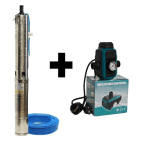 Pachet promo Pompa submersibilă de adâncime DDT 4SP5/12 – 1.8 kW, 2.5 CP,8 m³/h, 90 m inaltimea de refulare , 12 turbine inox cu panou de control, rezistenta la nisip + Presostat electronic inteligent