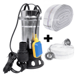 Pompa pentru apa murdara cu plutitor fara tocator, DDT, Inox, SWP2550F, 2550 W, 25 mc/h + Furtun pompier, 20 metri, 2 toli + Furtun pompier, 20 metri, 2 toli, cu cuple