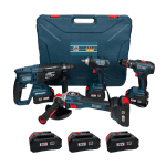 Trusă German Meister 4-în-1, 36V 8Ah cu 3 Acumulatori, Flex Ø125 mm, Pistol Impact 400 Nm, Bormașină și Rotopercutor Brushless, Afișaj Baterie Albastra