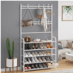 Cuier metalic pentru haine cu suport pantofi, 5 rafturi, 165x60 cm, design modern