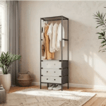 Cuier multifuncțional 3 niveluri cu suport pantofi și 3 sertare, 188x41x41 cm, negru