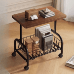 Masă laterală mobilă cu roți, rafturi metalice și blat din lemn, 54x43x30 cm, culoare coffee