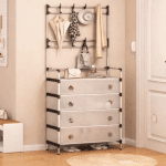 Organizator cuier și suport pantofi, 169 x 35 x 57 cm, structură metalică, sertare textile