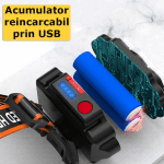 Lanternă frontală LED USB, 4 moduri lumină, indicator baterie, XC88, negru - imagine 3