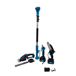 Set unelte grădină Kraftec 4 în 1, tijă telescopică 250 cm, foarfecă electrică vie 25 mm, mini drujbă 6 inch cu ungere automată, foarfecă gard viu 10/30 cm, 2 acumulatori 48V 8Ah + încărcător