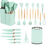 Set ustensile bucătărie 19 piese, silicon + mâner bambus, suport și tocător - imagine 4