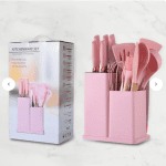 Set ustensile bucătărie 19 piese, silicon + mâner bambus, suport și tocător - imagine 2