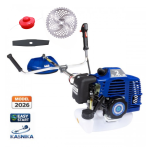 Motocoasă pe Benzină German Meister, 3 CP, 52CC, 2 Timpi, 9000 RPM, Disc 40 Dinți, Lamă 2 Dinți, Tambur Automat, Ham Profesional Albastra