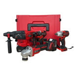 Trusă German Meister 4-în-1, 36V 6Ah, 2 Acumulatori, Rotopercutor SDS+ 26mm, Flex Ø125mm, Bormașină Brushless 80Nm, Pistol Impact 380Nm, Valiză